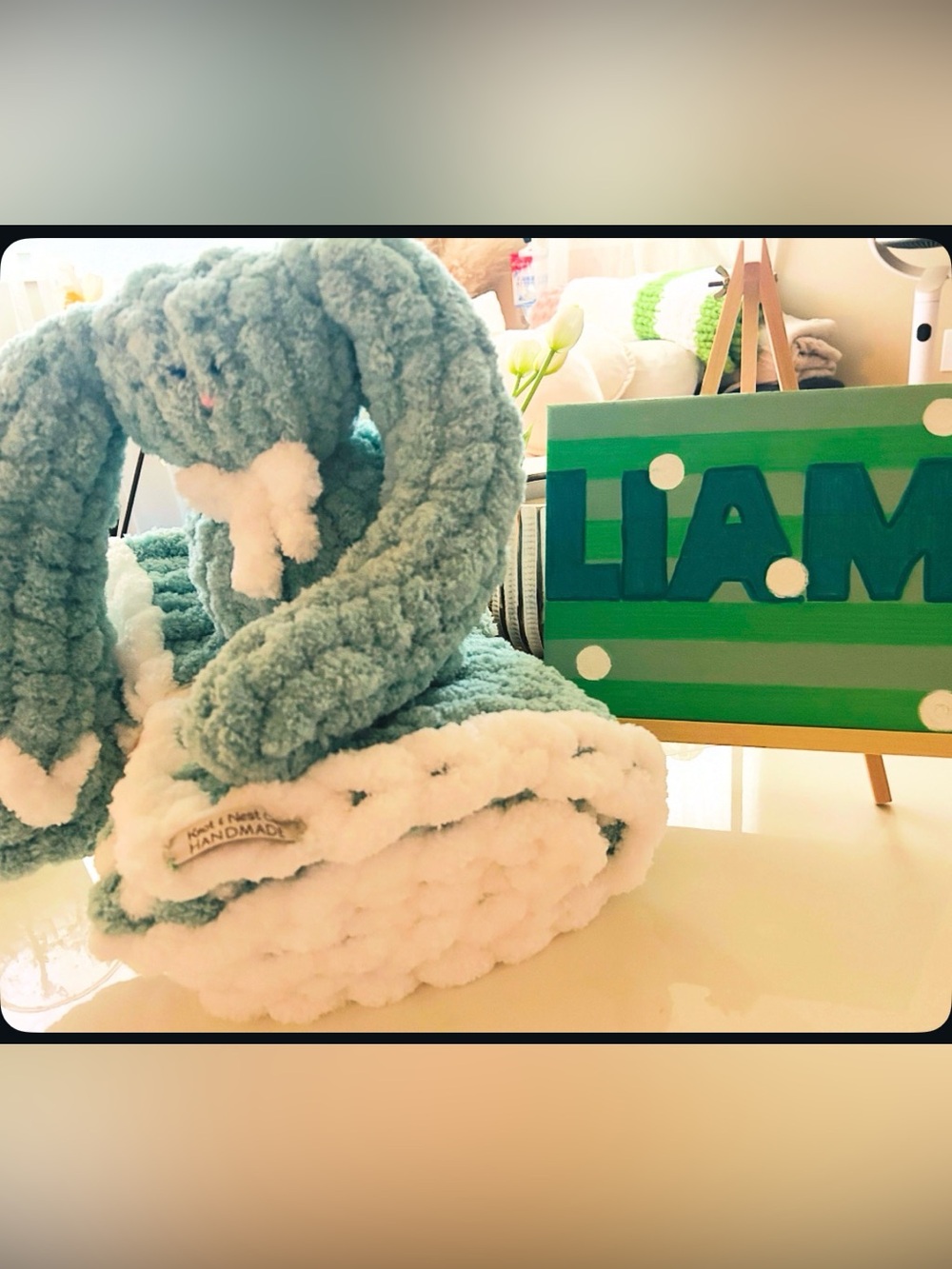 Handmade Plush Baby Blanket &. Bunny Set in Mint Green and white accent.